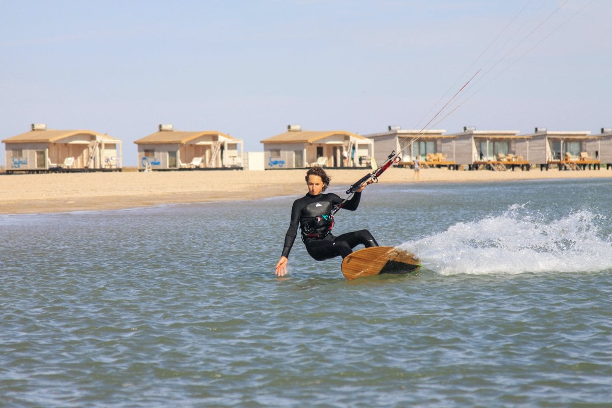 Kitesurfing in front of the eco bungalows at Lassarga, at the tip of the Dakhla peninsula